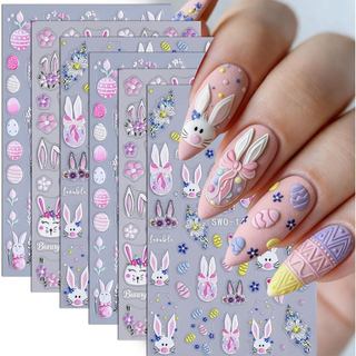 Adesivos de Arte para Unhas com Coelhinho de Páscoa, 6 Folhas, Decalques 5D em Relevo de Ovos de Coelho, Adesivos Autoad