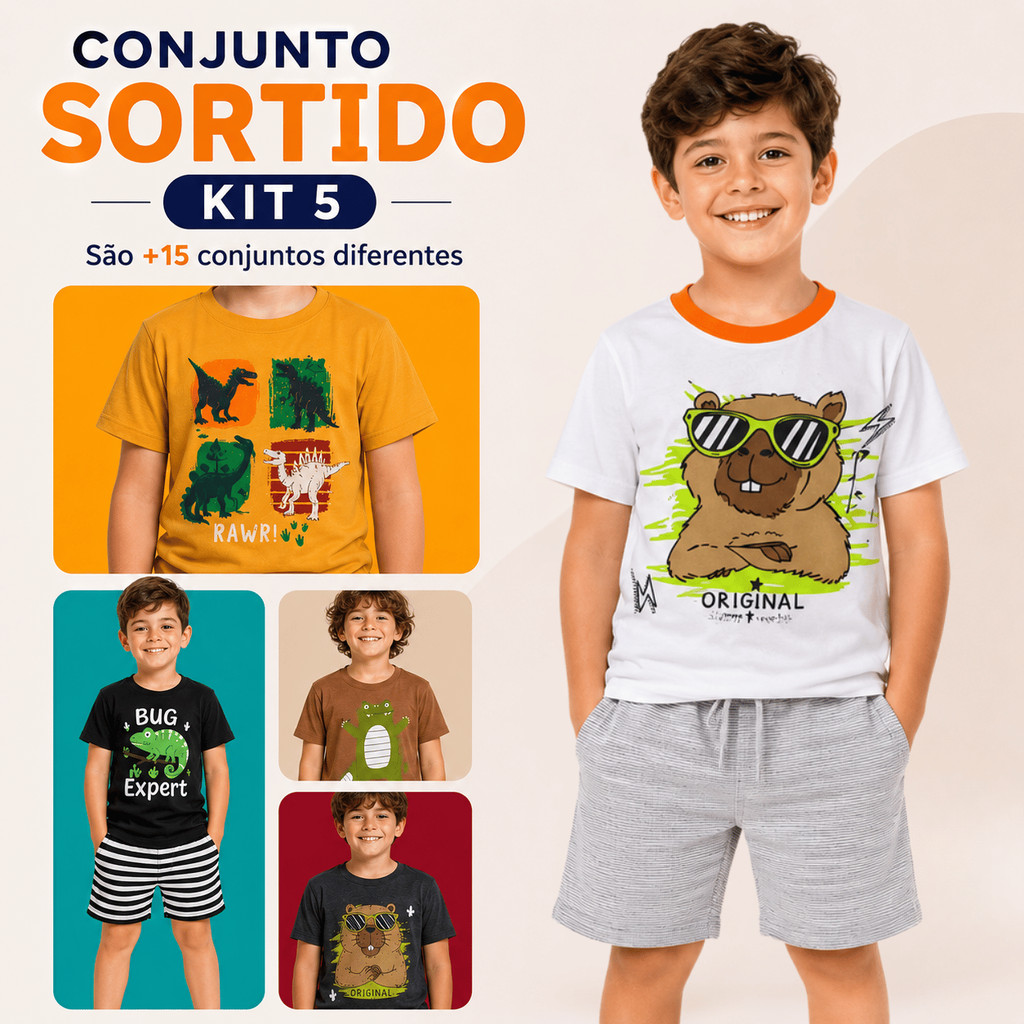 Kit 5 Conjuntos Masculino/Menino Coleção Infantil Juvenil - 5 Camiseta e 5 Shorts
