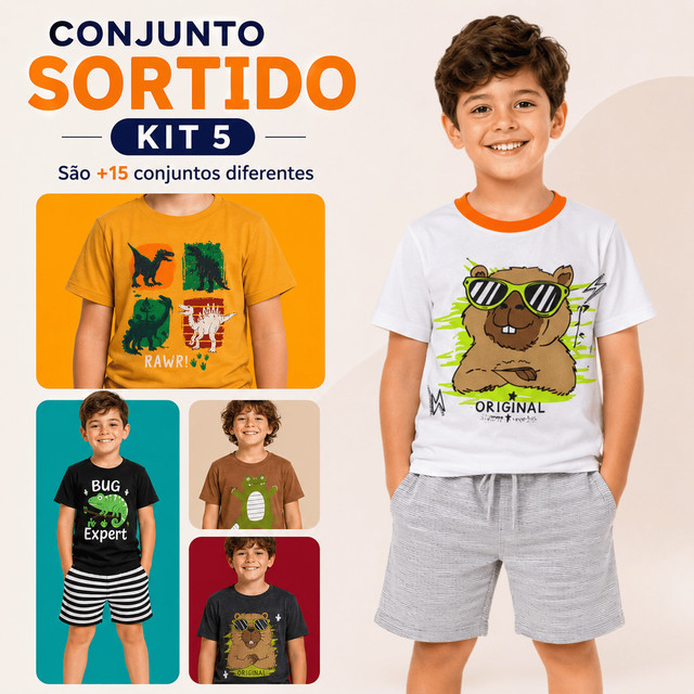 Kit 2, 3 e 5 Conjuntos Masculino/Menino Coleção Infantil Juvenil - 5 Camiseta e 5 Shorts