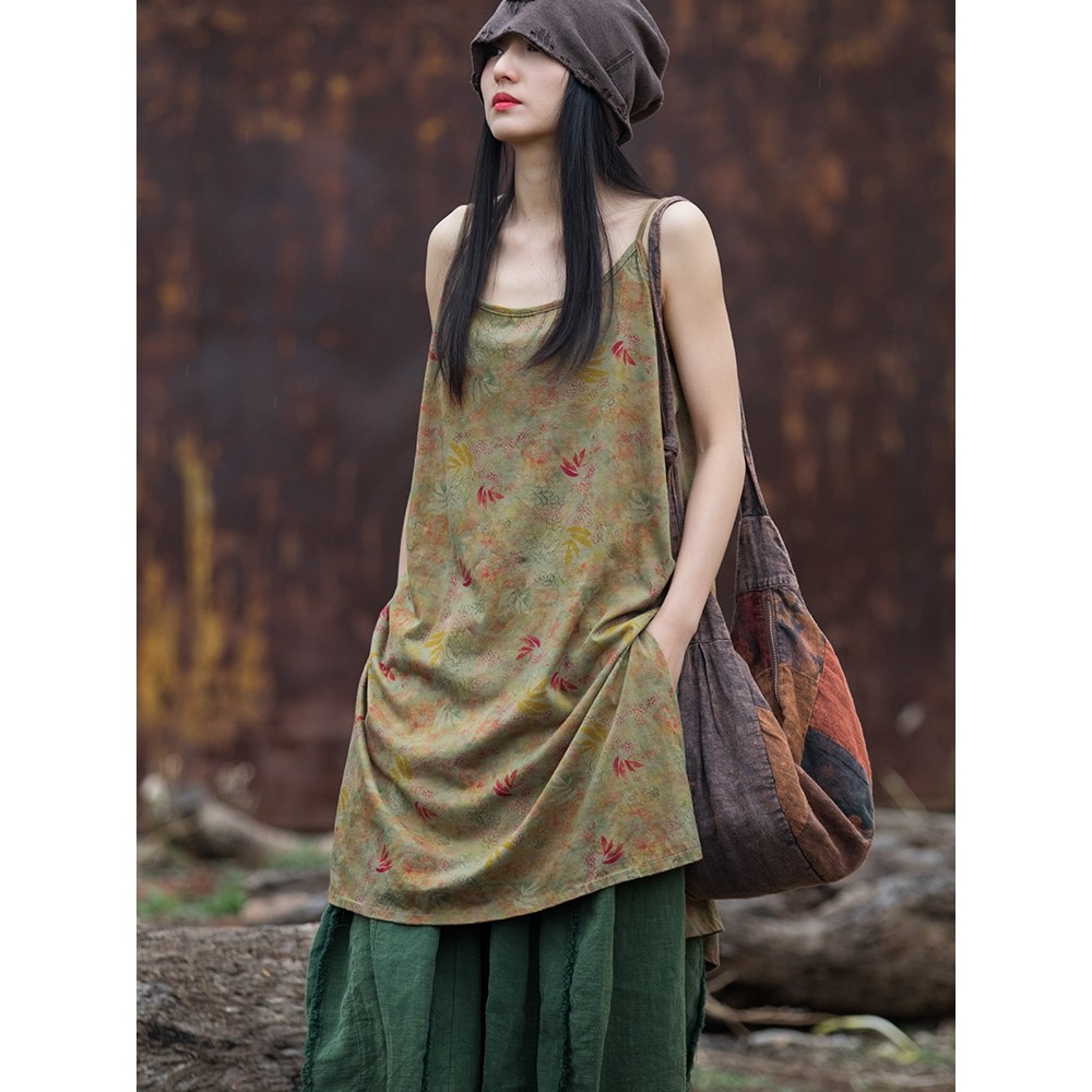 Verão algodão linho feminino novo produto Original Digital impresso areia lavagem angustiado vestido Retro meditação lit