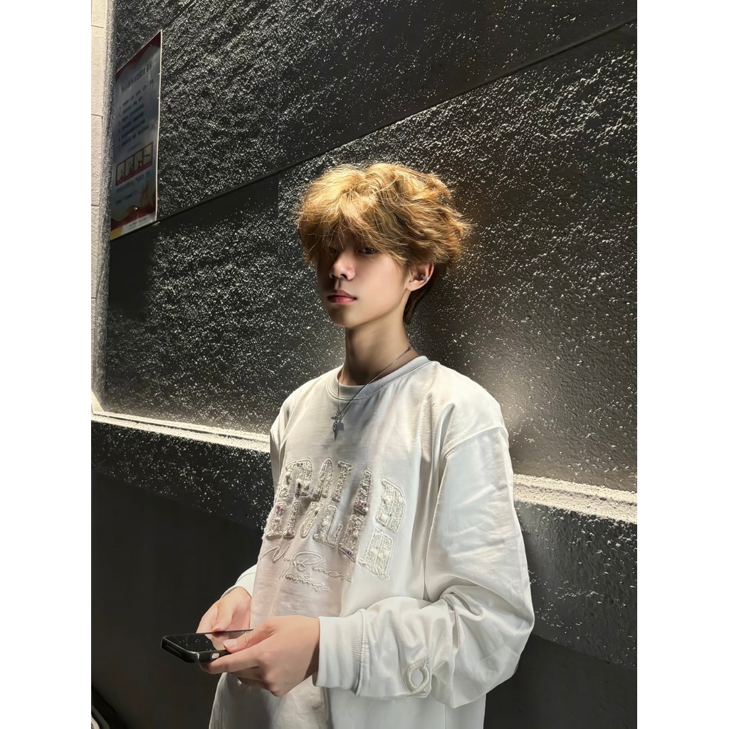 Americano Retro carta bordado de manga comprida camiseta moletom masculino feminino primavera outono novo estilo solto p