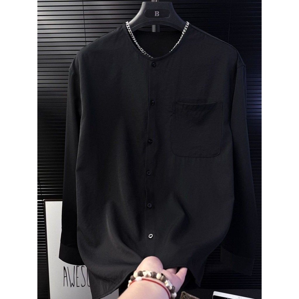 Primavera outono moda masculina All-Match casual bolso gola alta camisa de manga comprida na moda bonito masculino solto