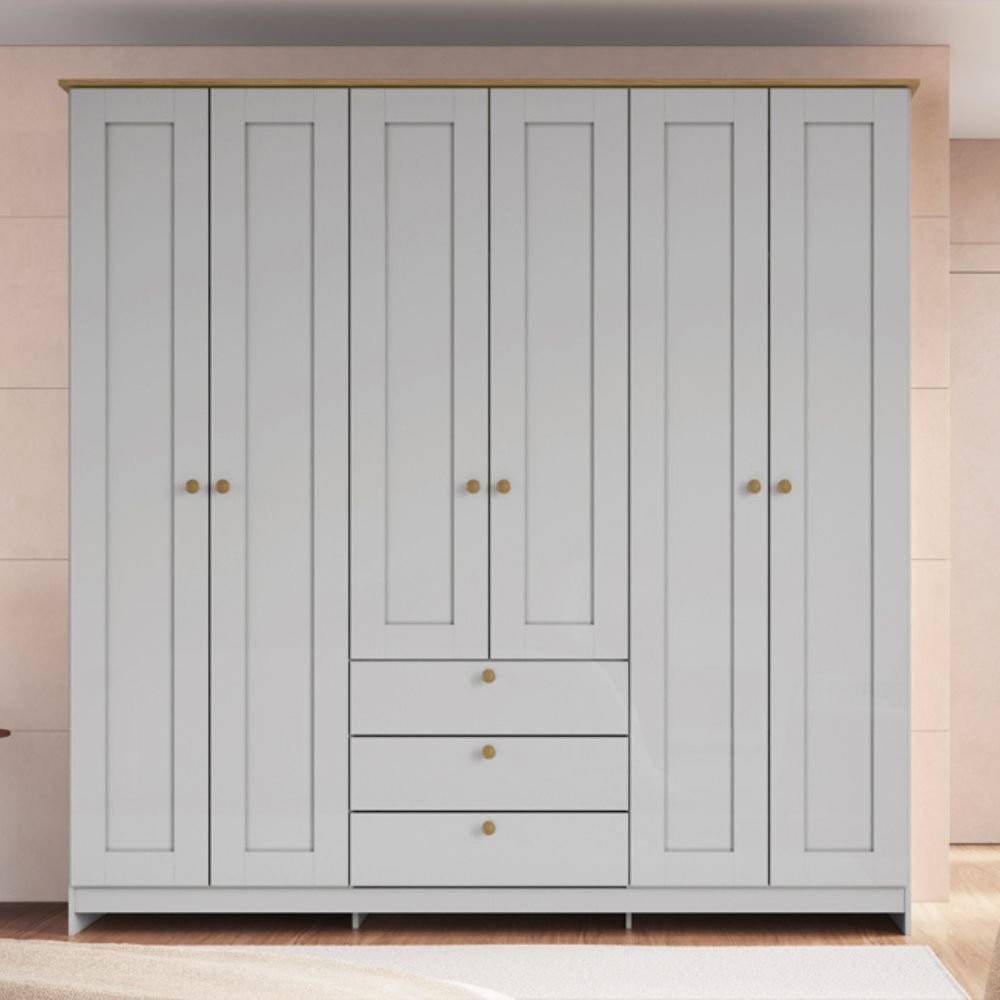 Guarda-Roupa 6 Portas e 3 Gavetas Americano Branco/Gelo/Ipê 6 Portas