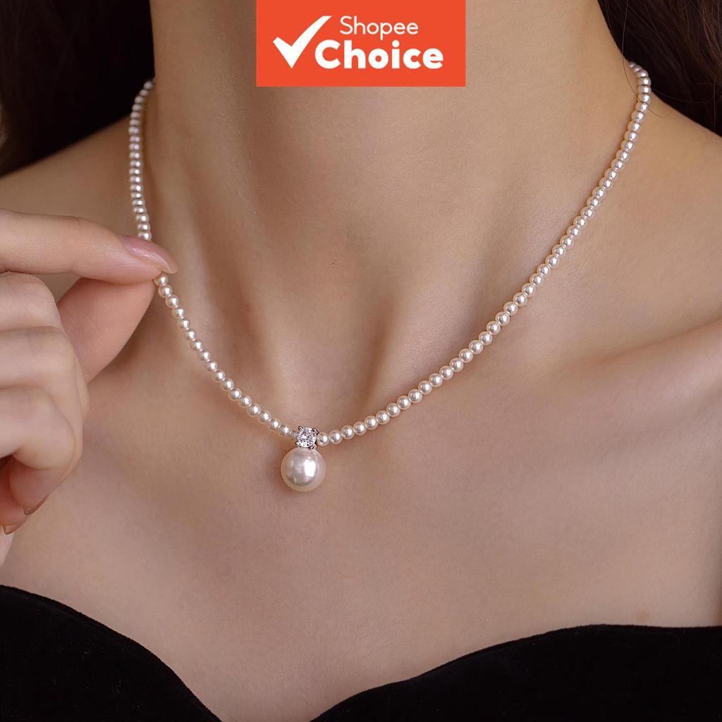 Colar feminino de pérolas de miçangas com strass francês, pingente de pérola, corrente clavícula, estilo elegante e