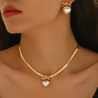 Corrente De Lâmina Elegante E De 2 Peças , Arco , Colar Com Pingente De Pérola De Imitação Incrustada De Amor + Brincos