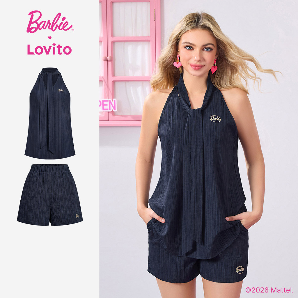 Barbie™ X Lovito Casual Top/Bottom Gravata Frontal Primavera/Verão Blusa Azul Es