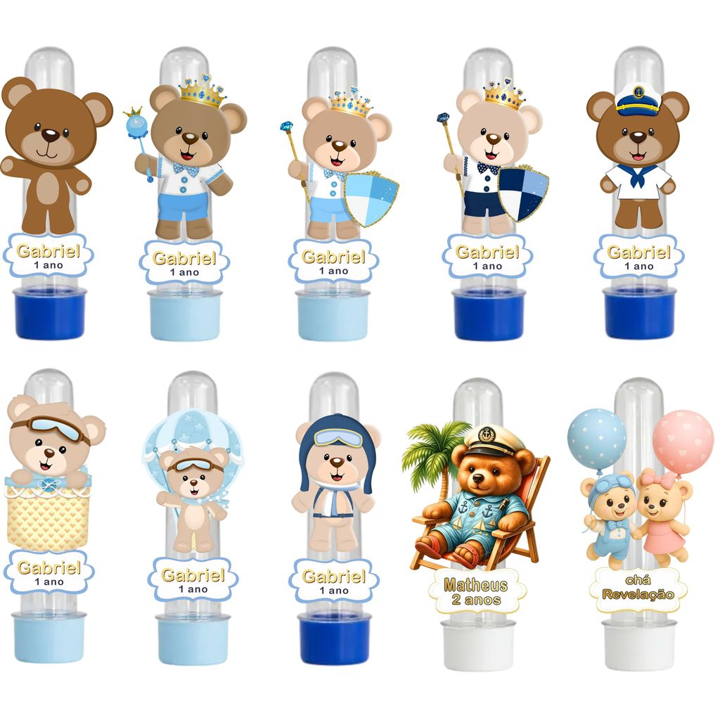 Apliques Tubetes Ursinho Chá Revelação - Festa infantil - Lembrancinhas - Nome e Idade (SEM TUBETES) - TODOS OS TEMAS