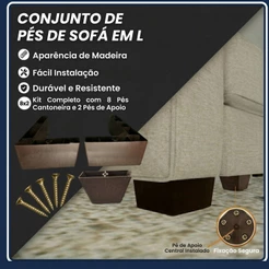 Kit Pés Cantoneira com pé Apoio Sofá Poltrona Puff Marrom Efeito Madeira Instalação Fácil c/ Parafuso