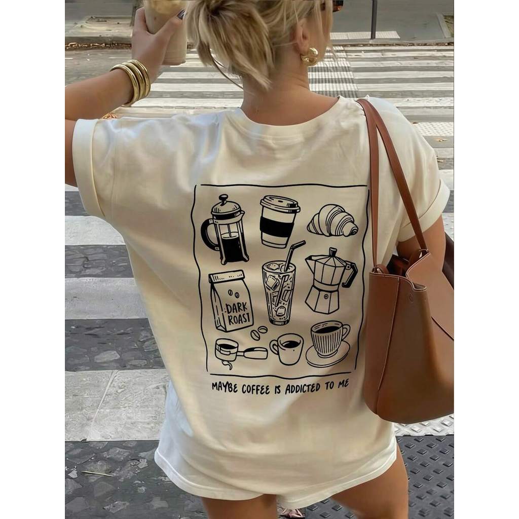 Novo Verão Casual Vida Preguiçosa Comida & Bebida Impressão de Café da Manhã Camiseta de Manga Curta Gola Redonda