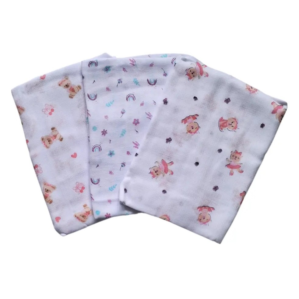 FRALDA PANO BEBÊ LUXO 70 x 70cm 100% ALGODÃO INCOMFRAL C/5un - ESTAMPA SORTIDA MENINA