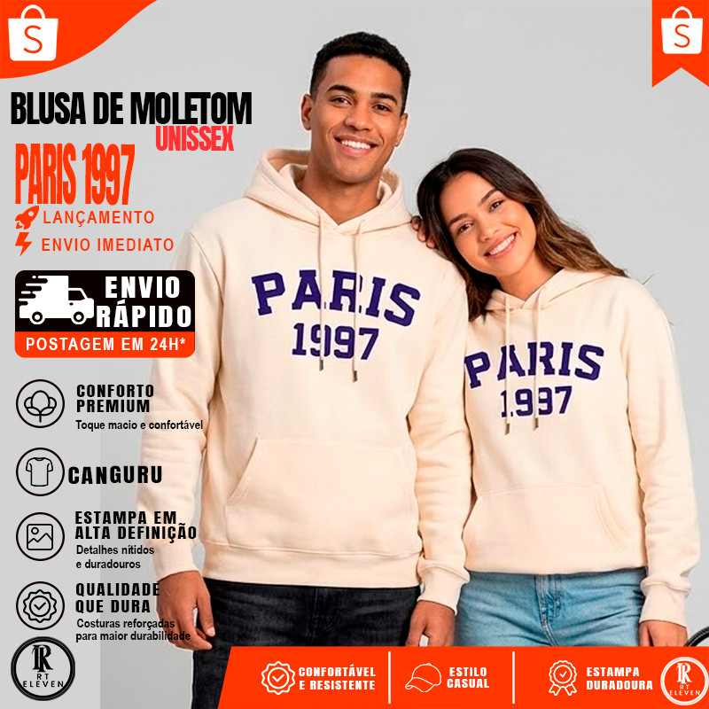 Moletom Paris 1997 Blusa de frio Flanelada estampada com bolso e capuz unissex diversas cores Streetwear