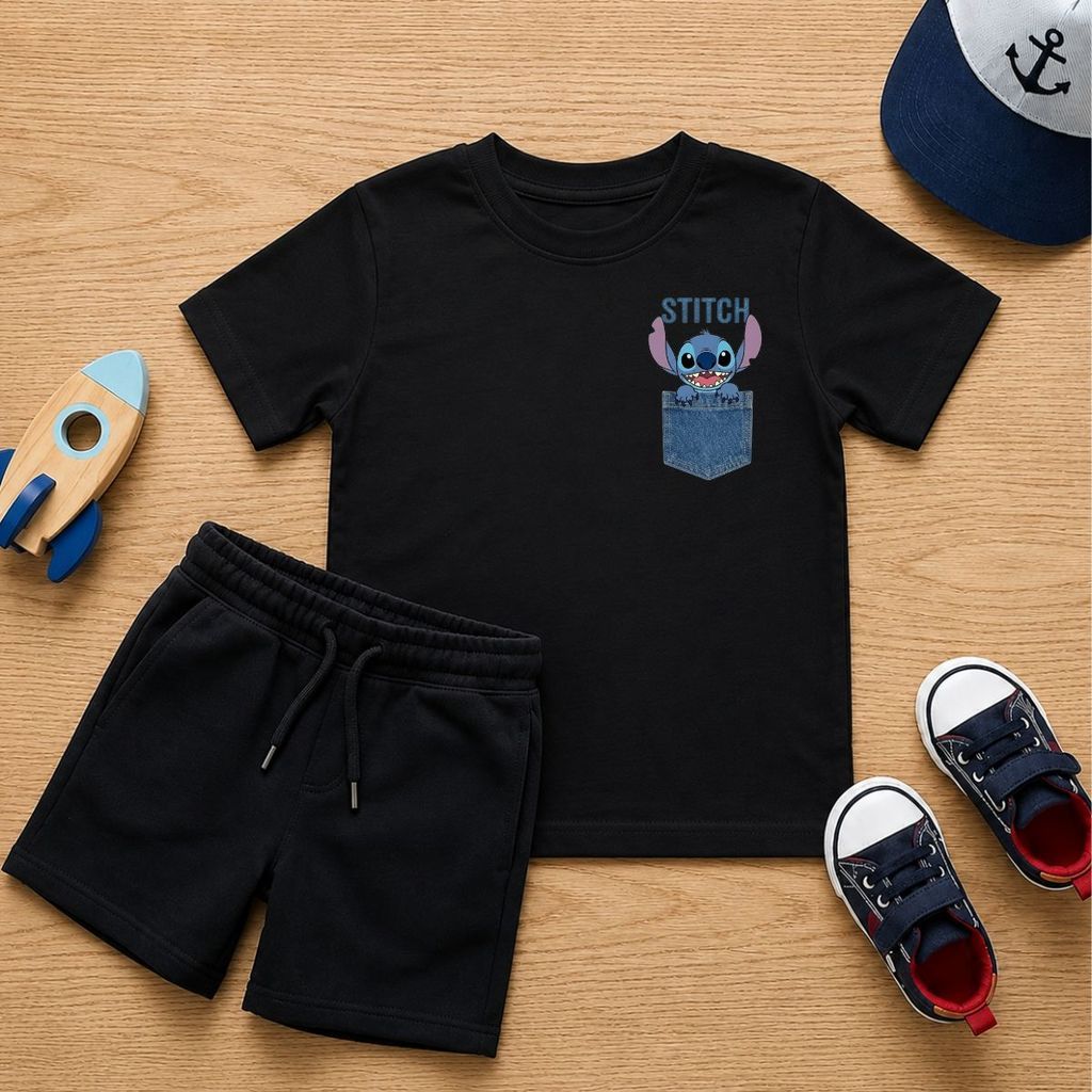 Conjunto Stitch Menino Infantil Camiseta Manga Curta Bermuda Moletinho Roupa Infantil Masculina Passeio Escola Verão