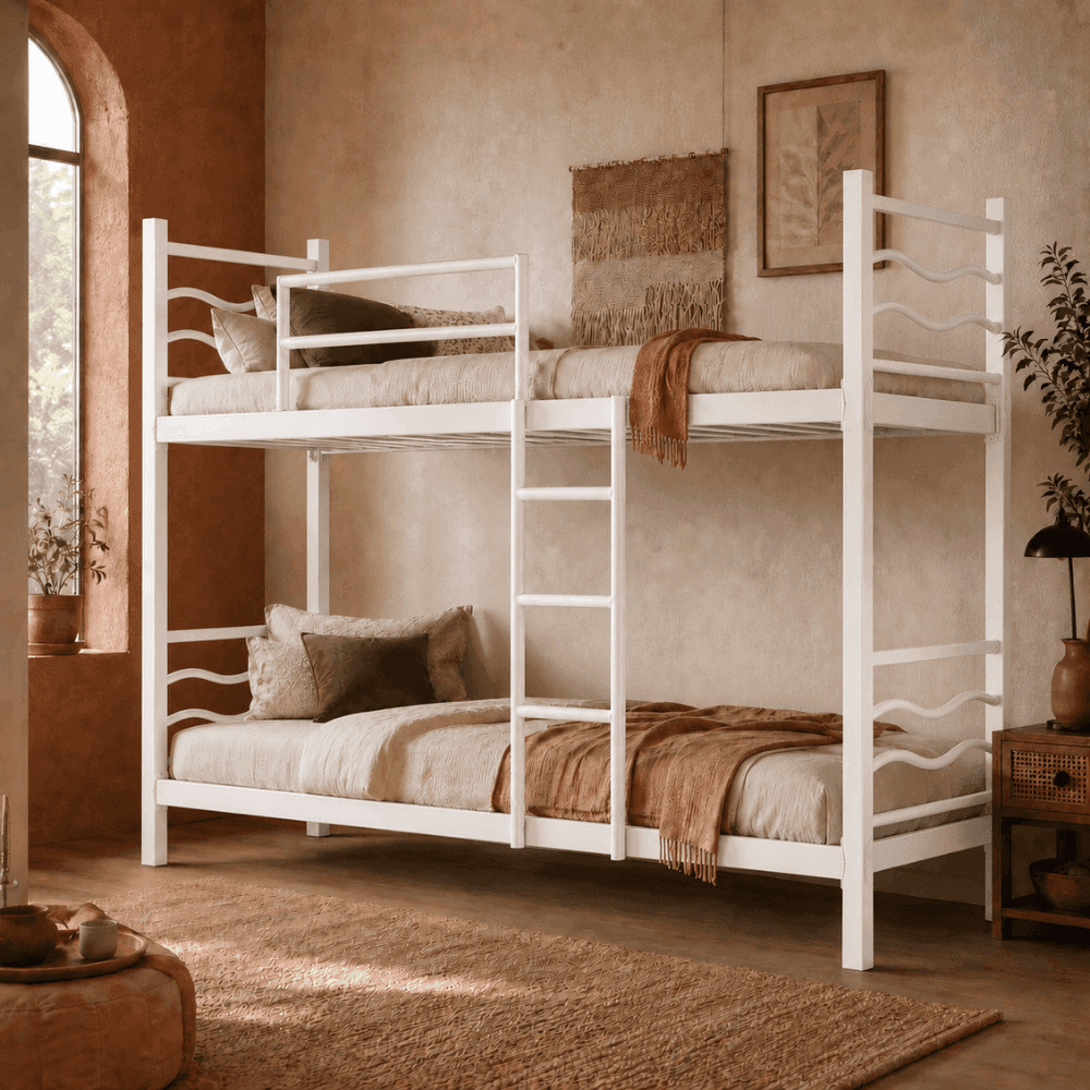 Beliche Wave KLM Store | Cama Beliche de Aço Reforçada para Solteiro com Escada e Grades de Proteção