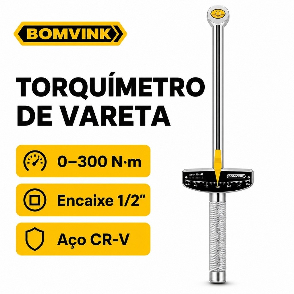 Torquímetro de Vareta 1/2" 0–300 N.m para Soquete em Aço CR-V Oficina Automotiva