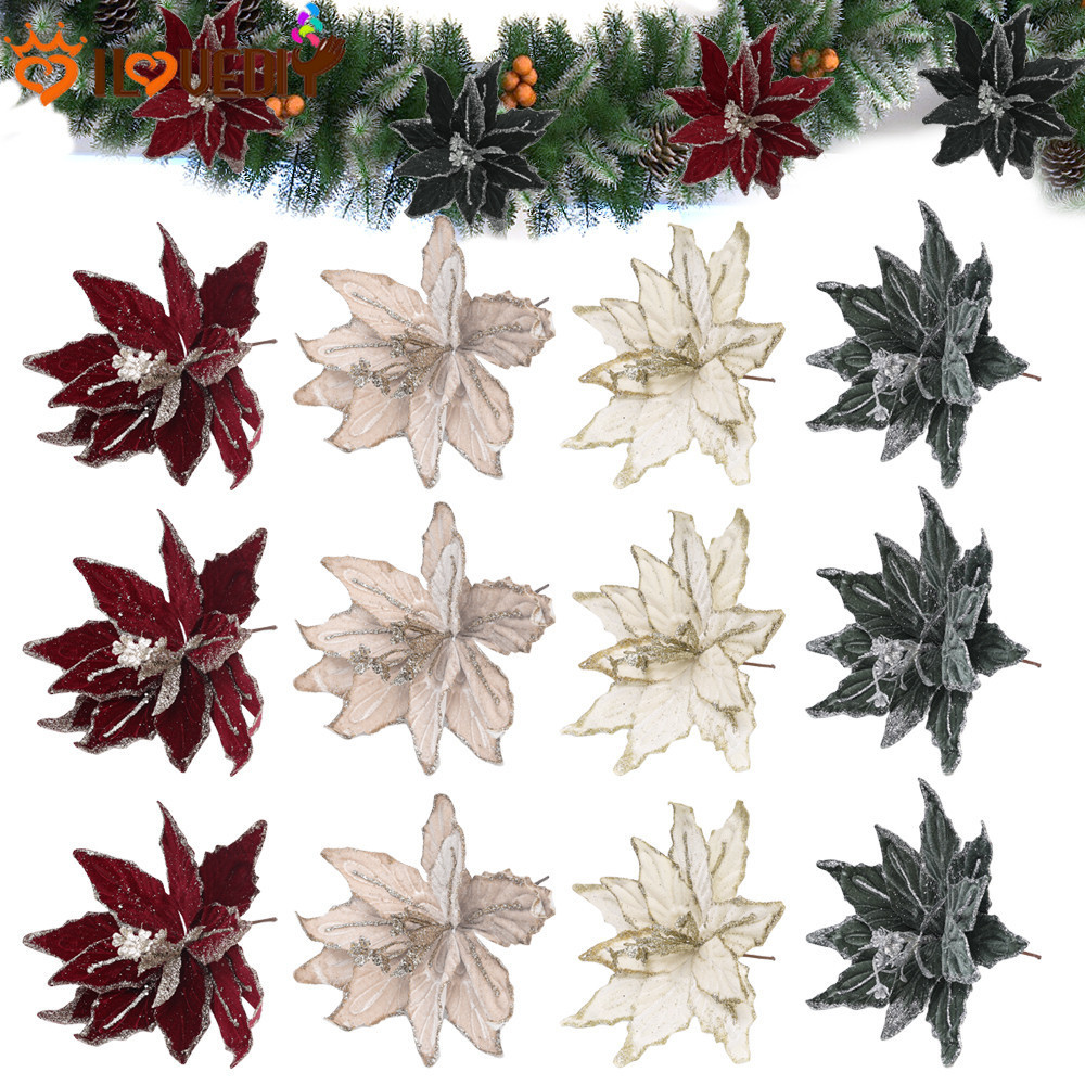 [Destaque] Flores Artificiais De Natal Com Glitter-Enfeites Pendurados Em Árvore-Decoração De Festa De Festival Casa De