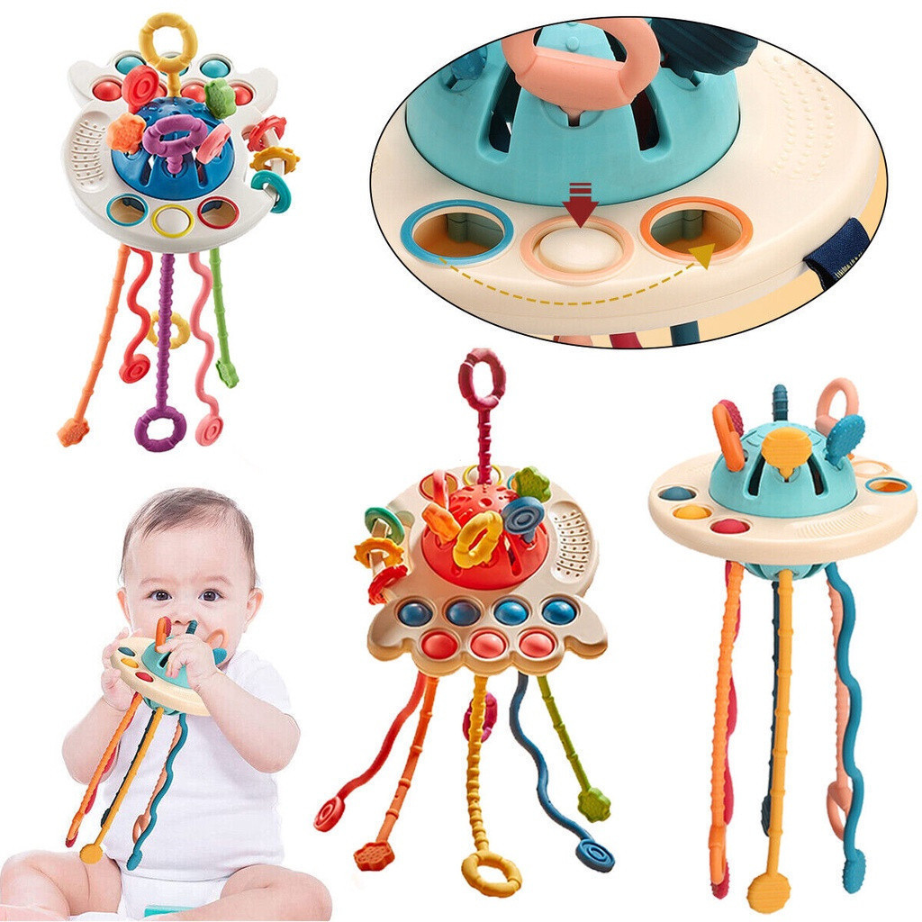 Brinquedos De Bebê Chocalhos De Dentes De Silicone Para 3 Em 1 Cordas De Puxar Montessori Brinquedo Sensorial Interativo