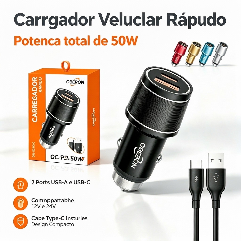 Carregador Veicular Carga Rápida de 3A 2Portas USB-A e USB-C 50W Cabo Type-C incluso Design compacto