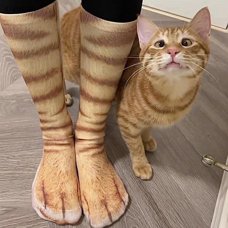 Engraçado Impressão 3D Animal Pata Sos Para Mulheres Homens Novidade Tigre Gato Cão Mid-tube Stoings Criativo Pé Impress