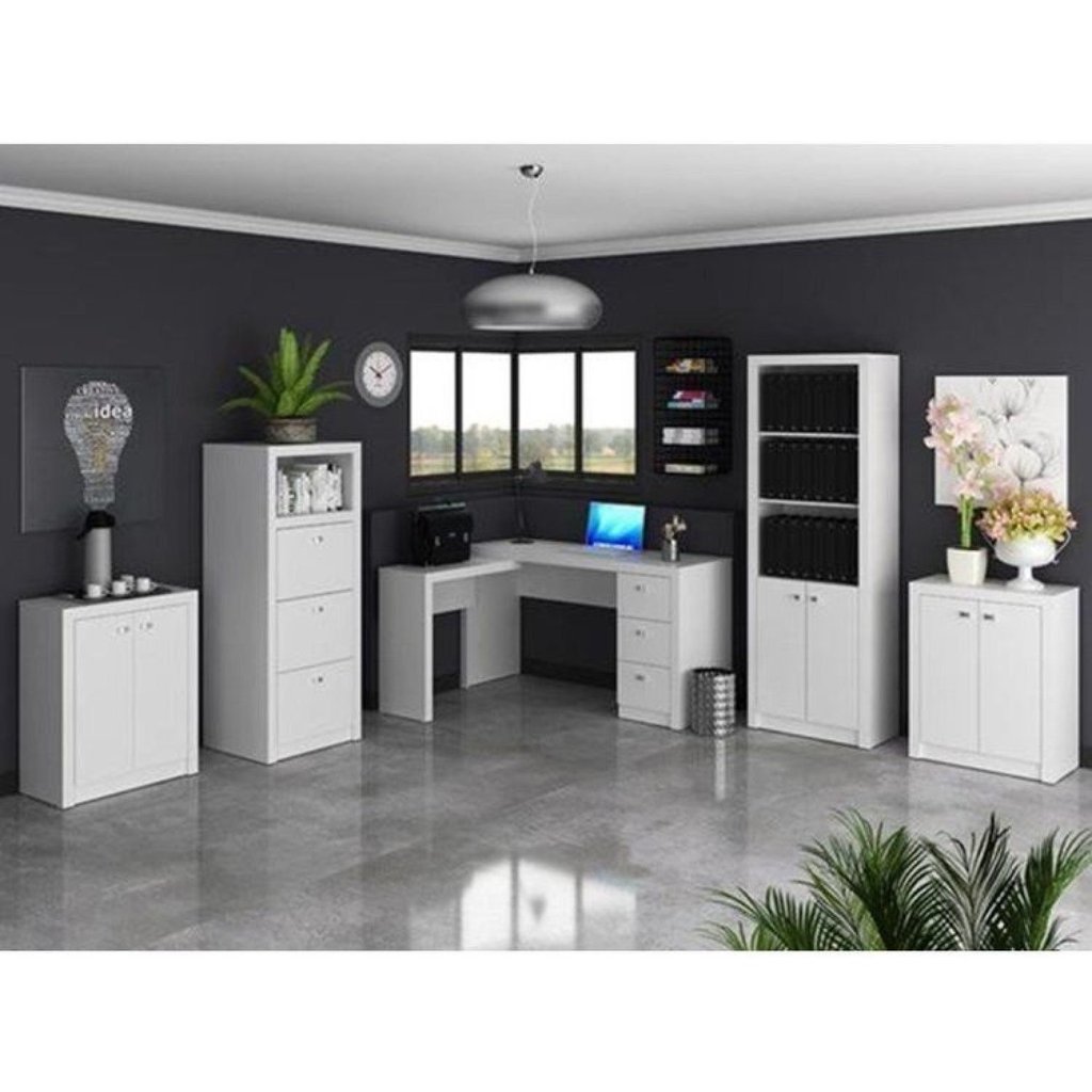 Conjunto 5 Peças com 1 Mesa para Escritório em L, 1 Gaveteiro, 2 Armários Baixo e 1 Armário Alto Branco