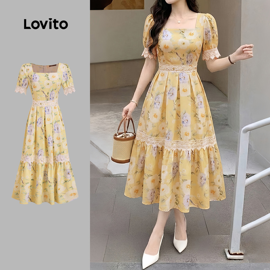 Lovito Vestido Midi Amarelo De Primavera/verão Com Mangas Bufantes Florais Decot