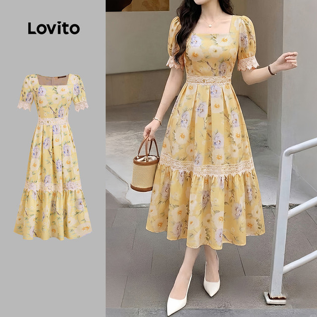 Lovito Vestido Midi Amarelo De Primavera/verão Com Mangas Bufantes Florais Decote Quadrado Detalhes Em Renda E Modelagem Patchwork Para Férias E Para