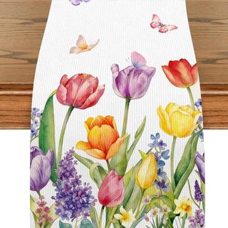 Caminho de Mesa com Tulipas, Caminho de Mesa Floral de Primavera 13x72 Polegadas, Padrão de Borboletas Rosa e Amarelo pa