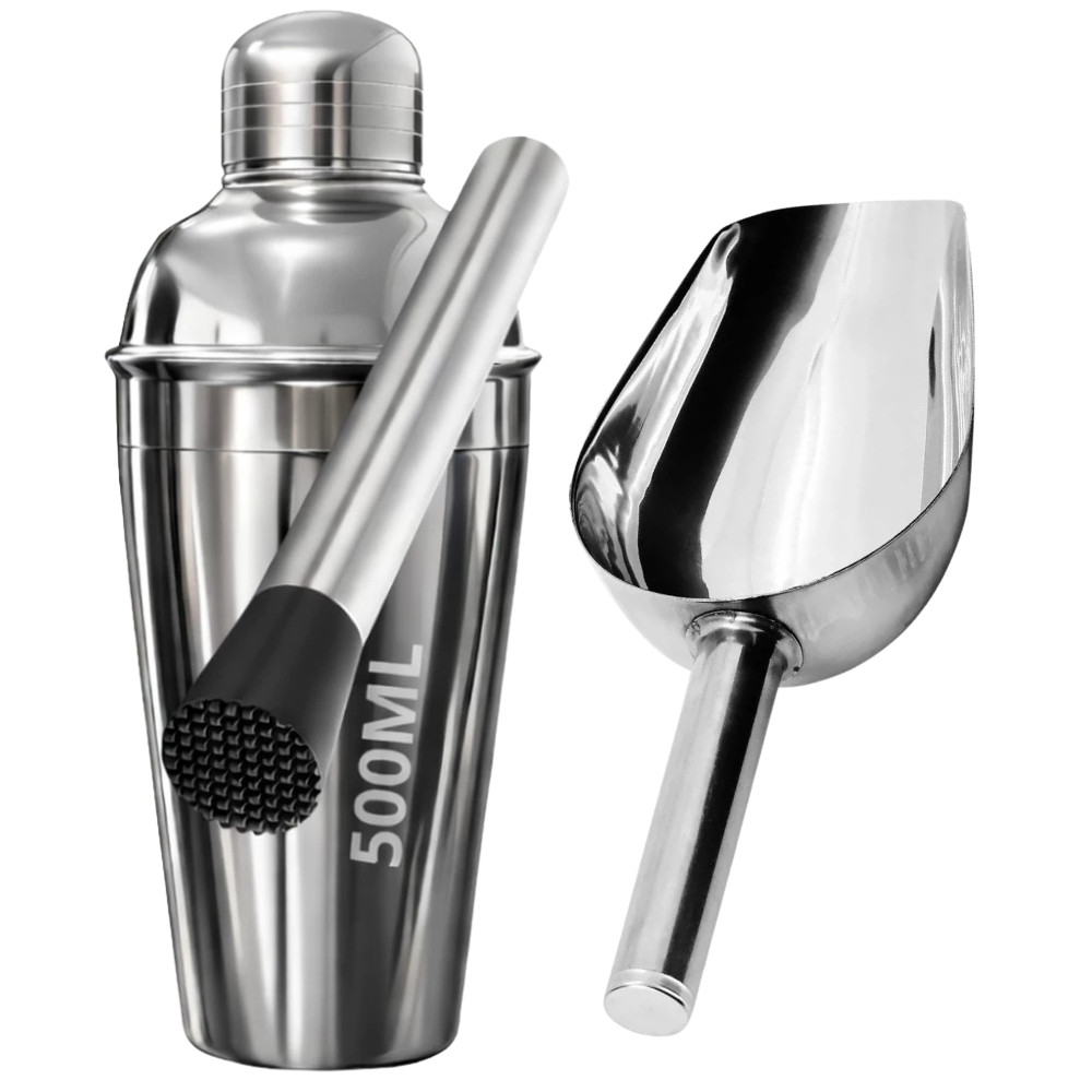 Kit Caipirinha Bartender Inox Coqueteleira 3 peças 500ml - Socador - Pá de gelo Premium