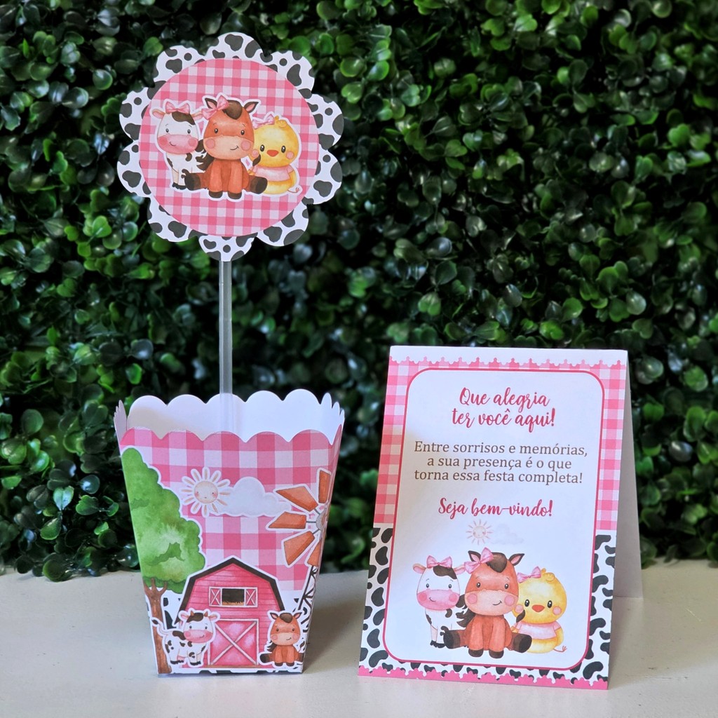 Centros de mesa + Plaquinhas FAZENDINHA ROSA festa infantis lembrancinhas aniversario mimo decoração personalizados tema