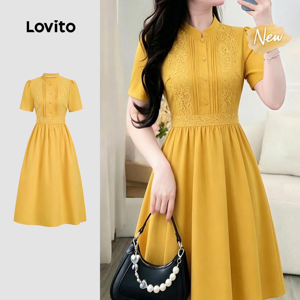 (New Arrival)Lovito Vestido Casual de Renda Plissado com Zíper para Mulheres Pri