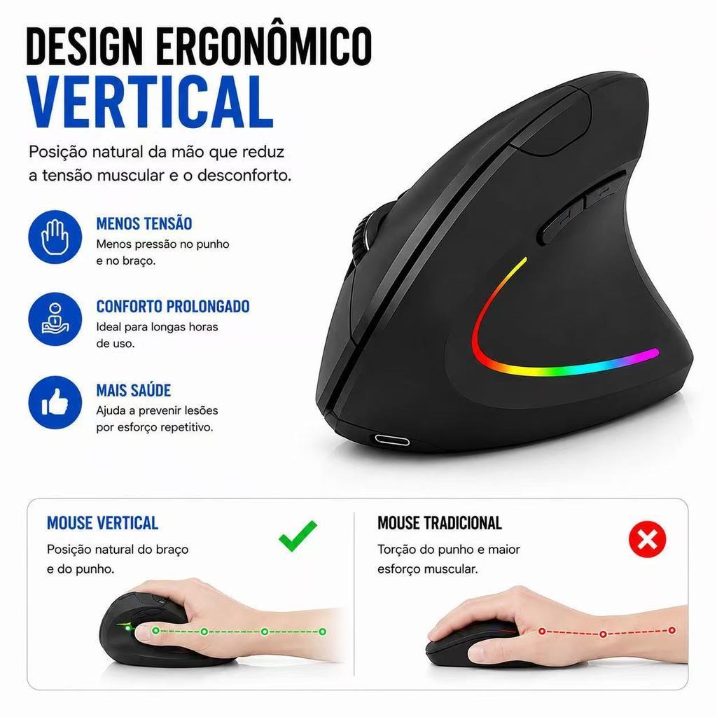 Mouse vertical sem fio, dual mode Bluetooth 2,4 GHz recarregável design ergonômico com LED