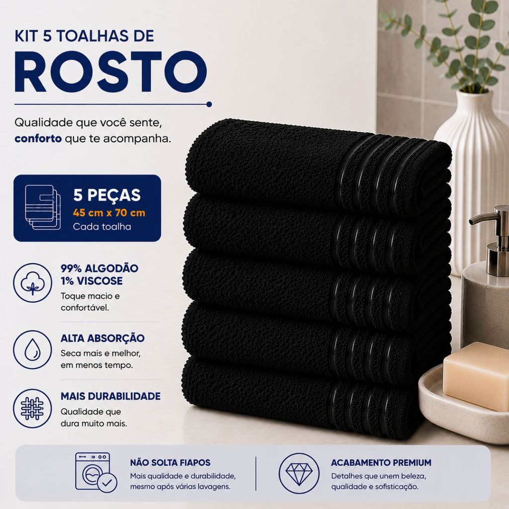 Kit 5 Toalhas de Rosto 45x70cm Lyra 300g/m² Macia Alta Absorção Confortável Secagem Rápida Camesa