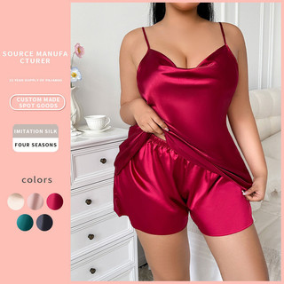 Ampliado Plus Size feminino Casual solto loungewear terno imitação de seda Suspender Shorts loungewear gelo seda Pa