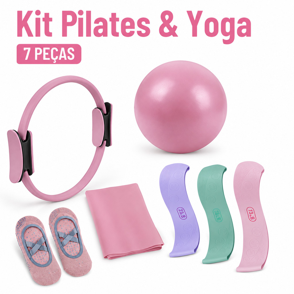 Kit 7 Peças Pilates e Yoga com Bola, Faixa Elástica e Argolas de Resistência para Treino e Fisioterapia em Casa