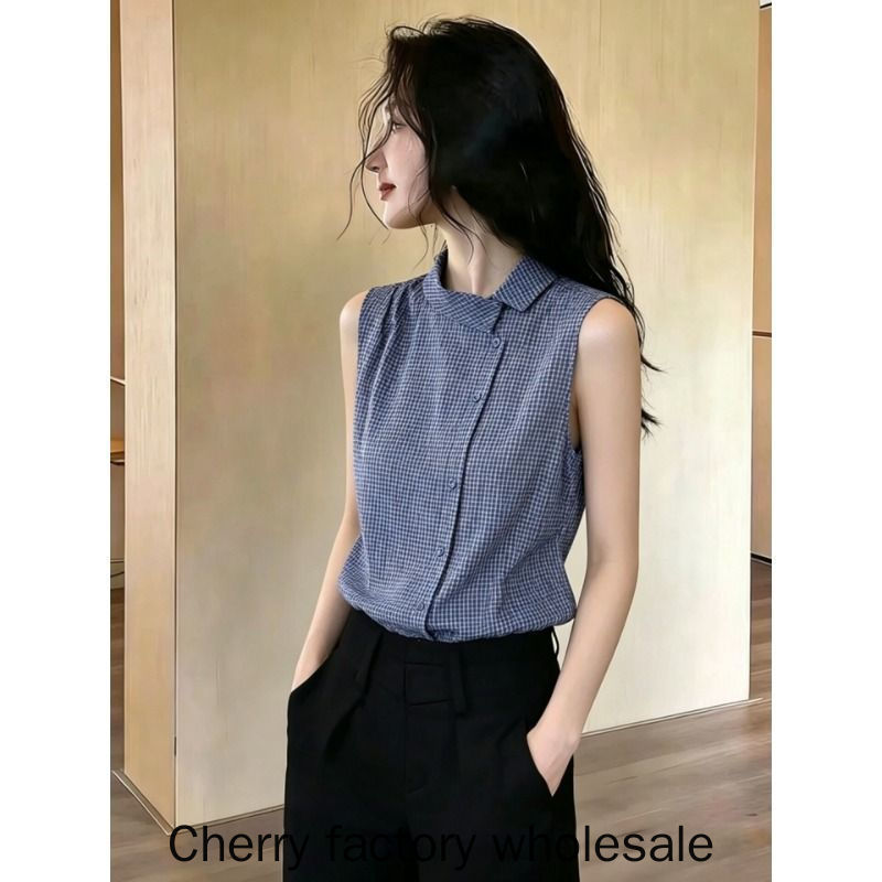 Roupas femininas da moda mais magro olhar xadrez Irregular sem mangas topo roupas femininas