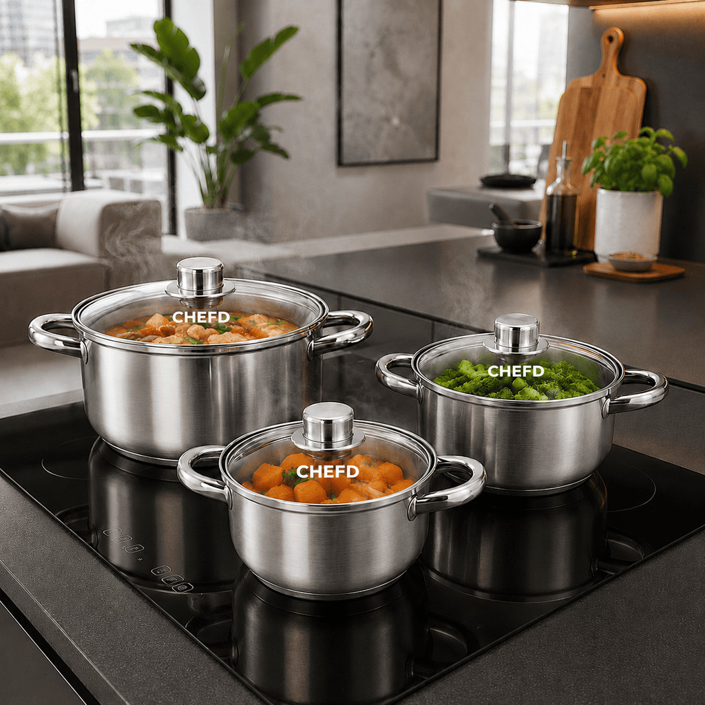 Jogo de Panelas Aço Inox 3 Peças Tampa de Vidro Fundo Triplo Indução Conjunto 3