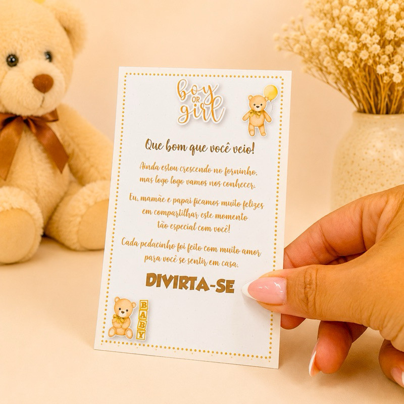 10 Plaquinhas de mesa URSINHO DOURADO Chá Revelação Neutro - Centro de mesa Lembrancinha de festa infantil