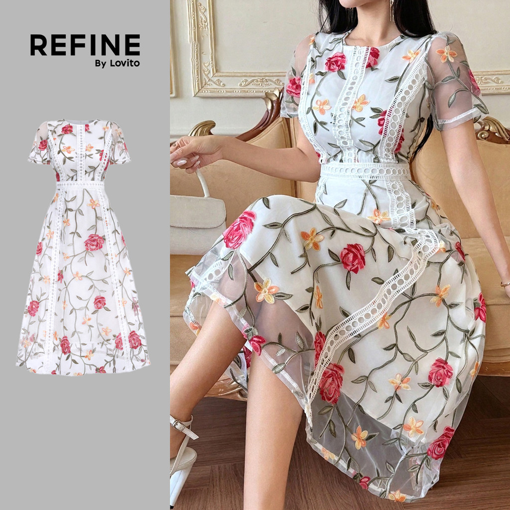 Lovito Vestido Midi De Primavera/verão Com Decote Redondo Em Renda Jacquard Floral Para Mulheres Bordado LR41E006