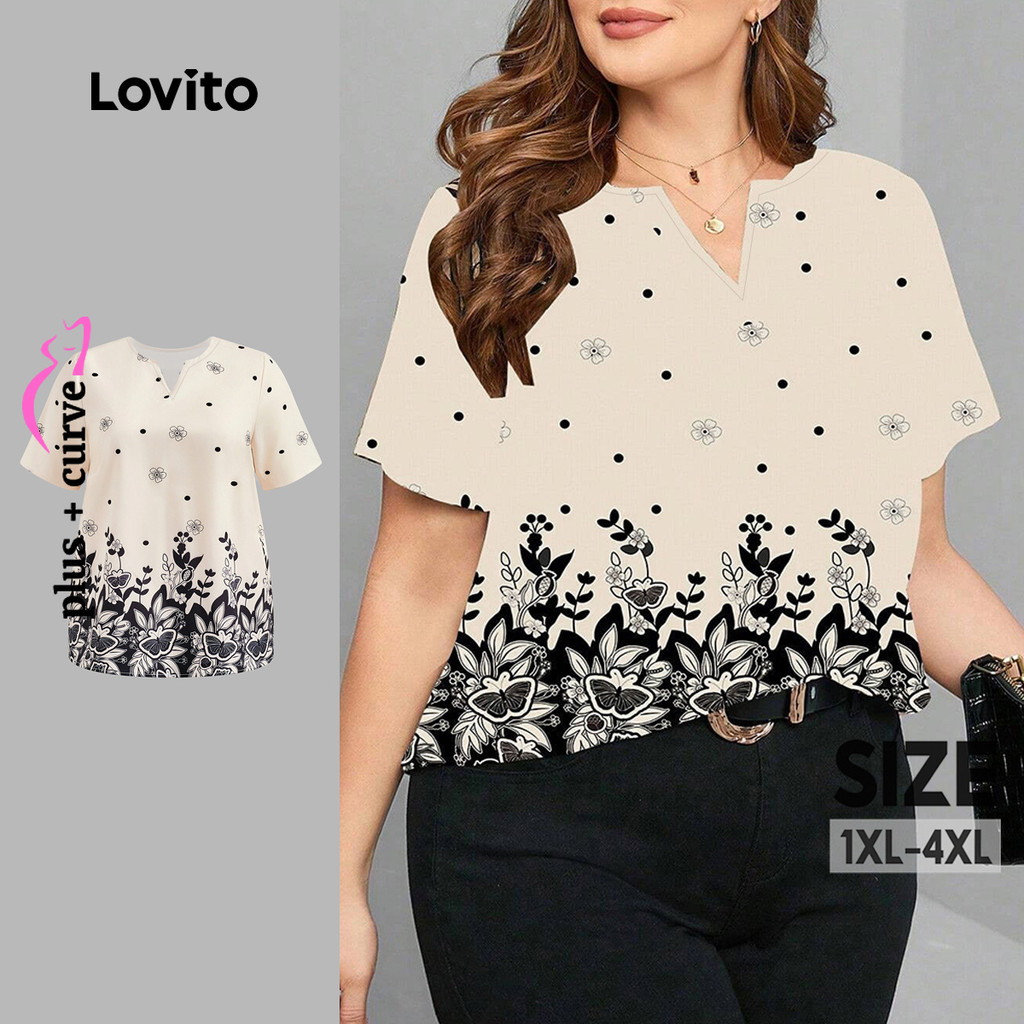 Lovito Casual Blusa Feminina Plus Size Com Estampa Floral E Fenda Frontal Para O