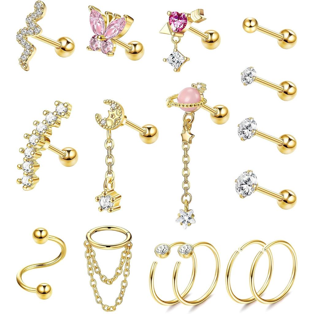 Brincos de Helix FASACCO 16G, Brinco de Cartilagem em Aço Cirúrgico, Joia para Piercing de Helix, Brincos de Conch, Joia