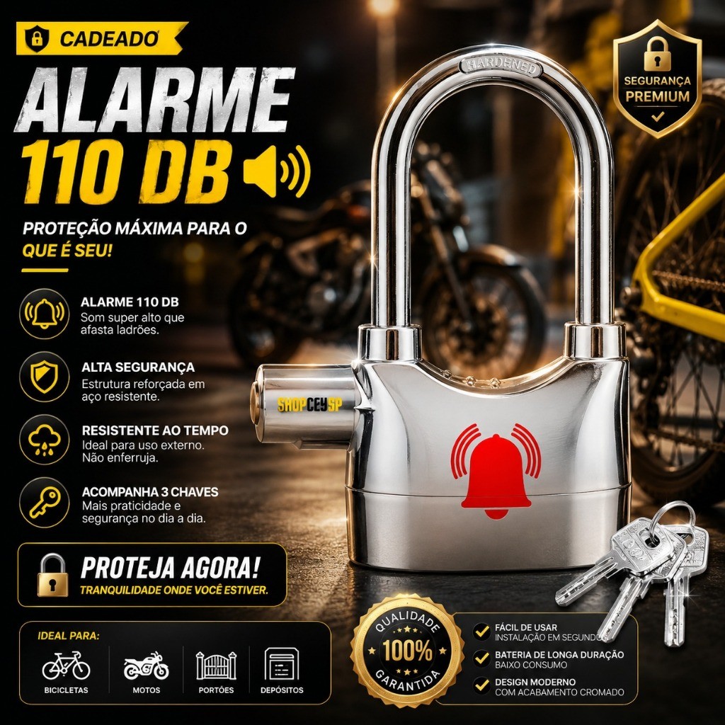 Cadeado Com Alarme Sonoro Haste Longa Anti-furto Comércio Prova De Água Moto e bike — imagem 2 de 2