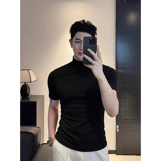 Camiseta masculina meia gola alta de manga curta verão versão coreana Slim-Fit All-Match Skinny Stretch Mid