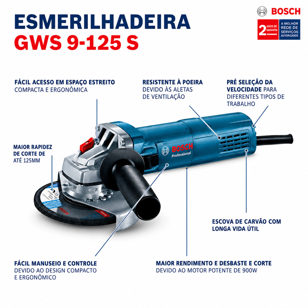 Kit Esmerilhadeira GWS 9-125 S Bosch 900W Contr. Velocidade · foto 2