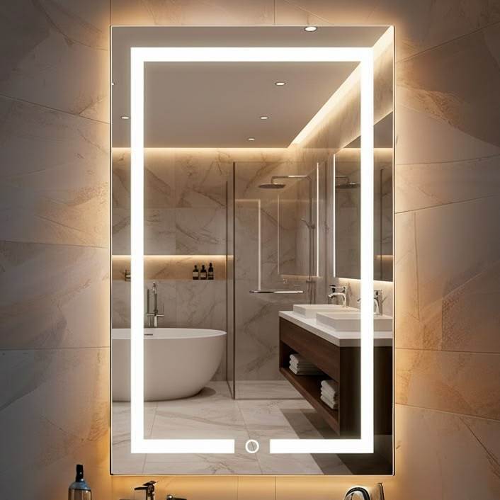 Espelho Jateado Retangular 80x50 cm com LED 3 Cores e Botão Touch para Banheiro Lavabo Penteadeira