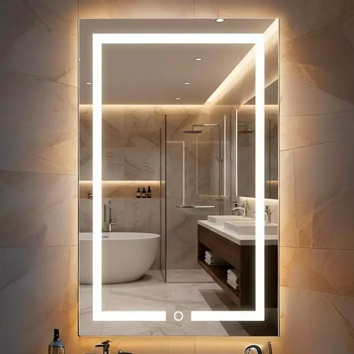 Espelho Jateado Retangular 80x50 cm com LED 3 Cores e Botão Touch para Banheiro Lavabo Penteadeira — imagem 1