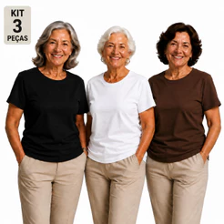 Kit 3 Blusas SenhorasT-Shirt Lisa Básica 100% Algodão Várias Cores Envio Imediato