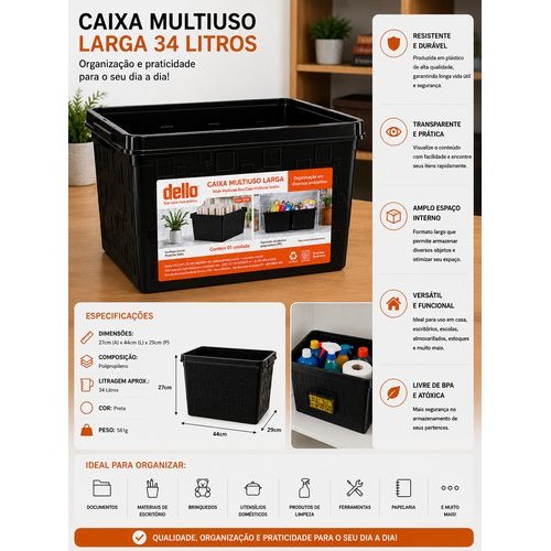Caixa Organizadora Plástica 34 Litros Resistente Versátil Armazenamento Prático Organizacao Domestica Empresarial Preta
