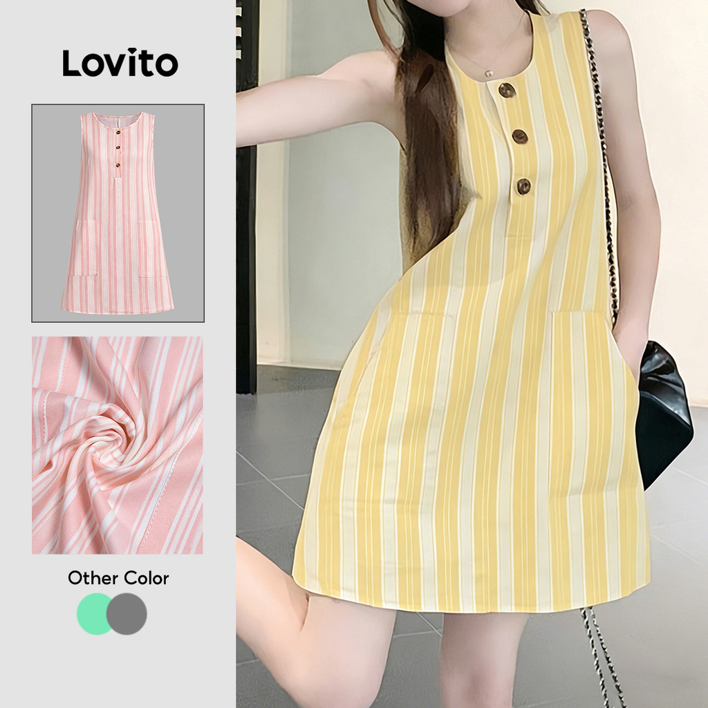(New Arrival) Lovito Vestido Casual com Bolso e Padrão de Botão para a Primavera