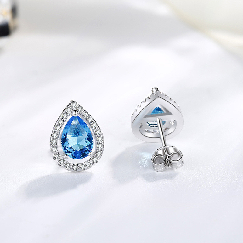 925 prata esterlina alto carbono diamante brincos cheio de diamante azul gota de água simulação brincos de diamante pres