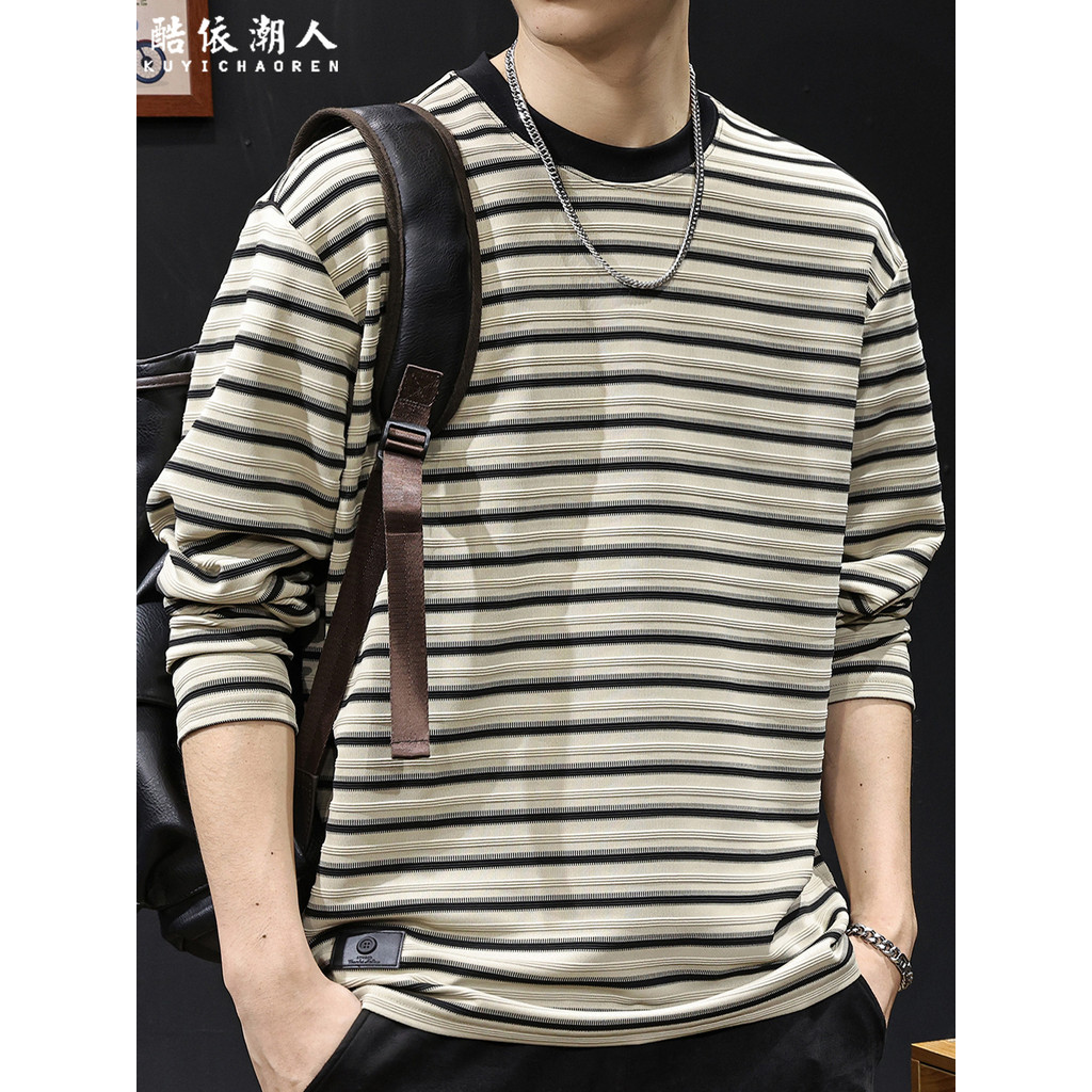 Americano Retro listrado de manga comprida camiseta masculina primavera outono estilo All-Match solto em torno do pescoç