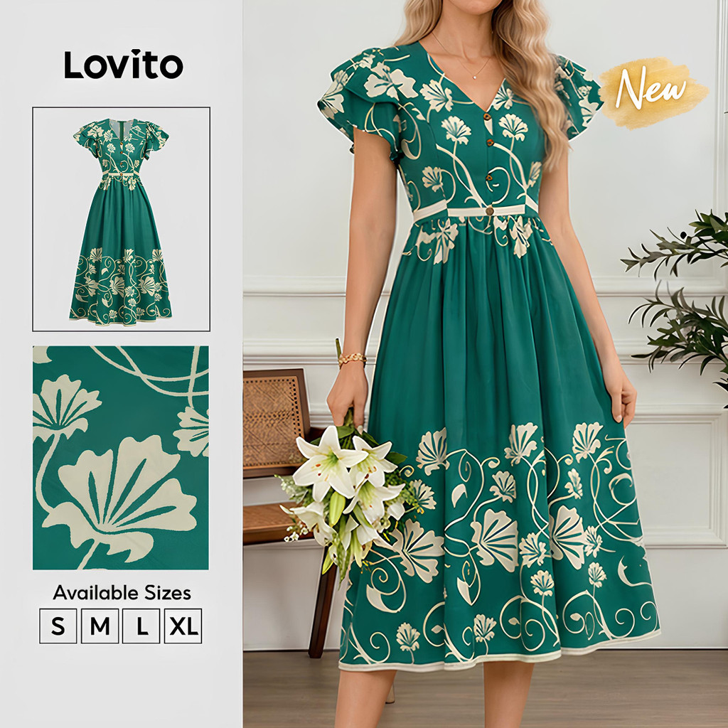 (New Arrival) Lovito Vestido Casual Verde Primavera/verão Vestido Feminino Com E